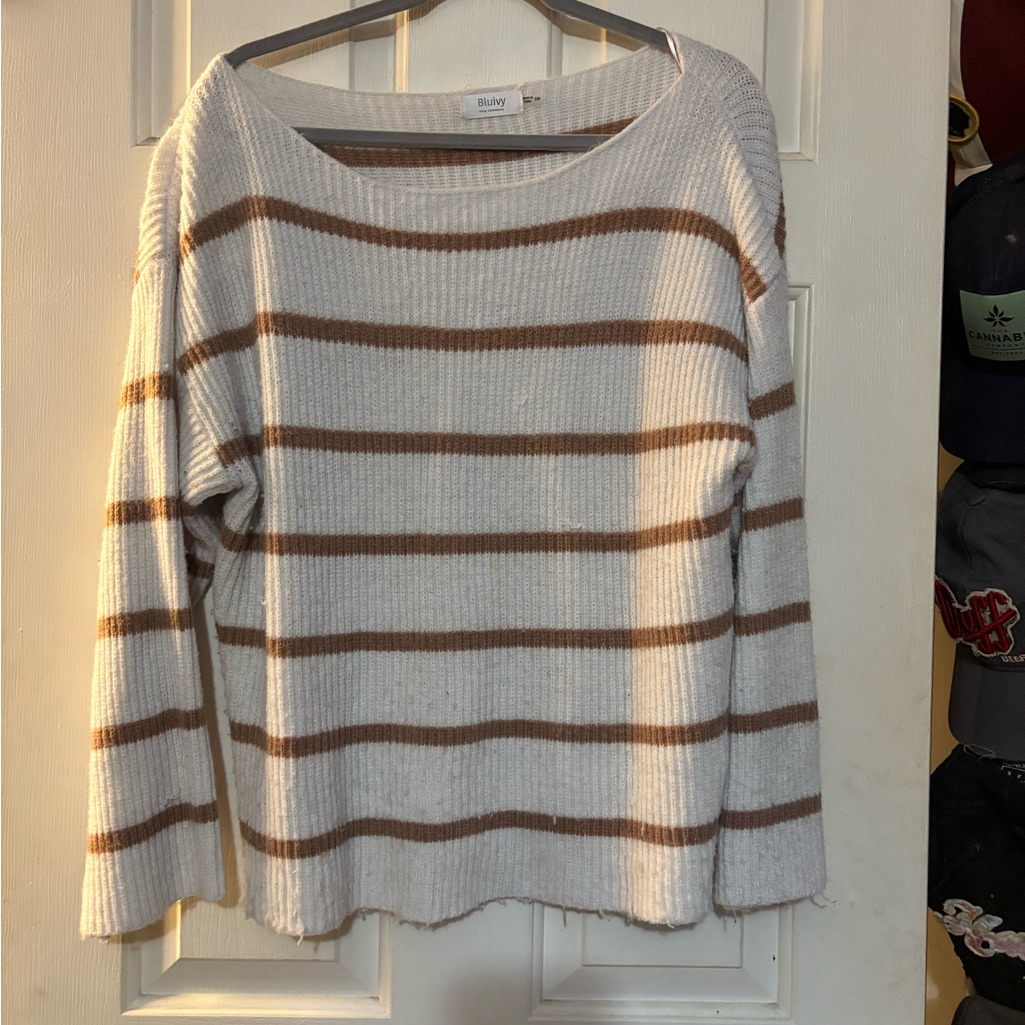 Bluivy Cream And Brown Striped Women's Sweater